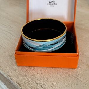 Hermes Blue and White Enamel Bangle with Gold Trim
